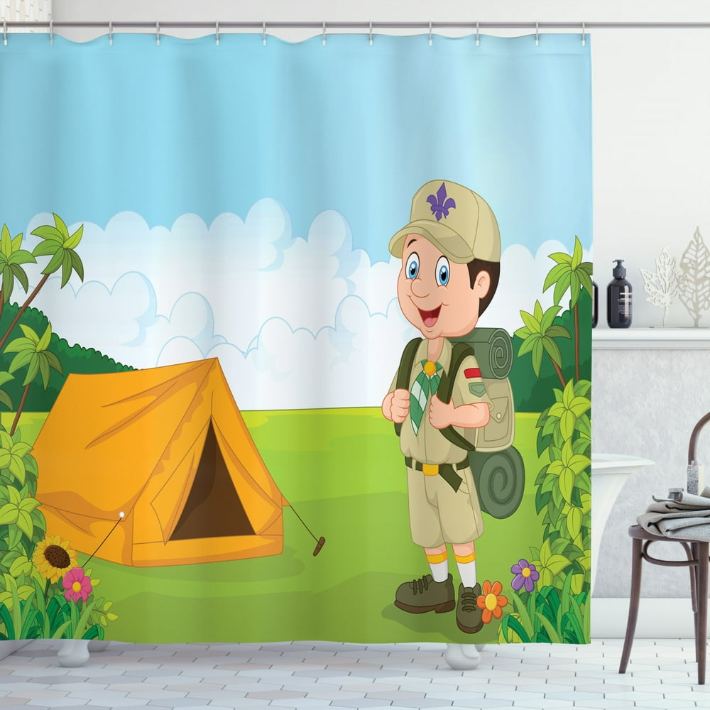 Camping Shower Curtain, Little Boy Scout with Tent in Nature Forest