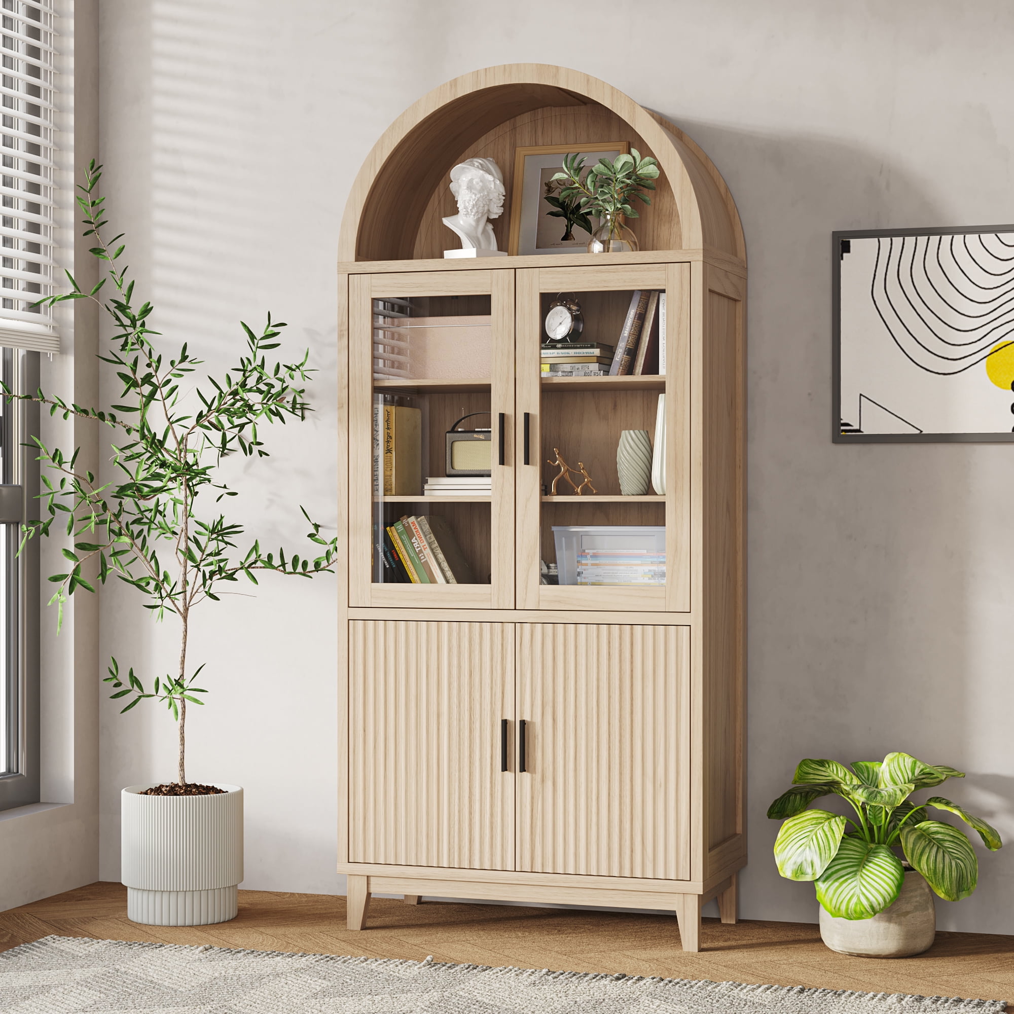 VEANERWOOD 71" Tall Arch Cabinet, Wood Fluted Kitchen Kitchen Storage Cabinet with 4 Doors and 6 Shelves for Dining Room Living Room