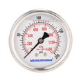 thumbnail image 1 of MEASUREMAN-medidor de presión lleno de glicerina, tamaño de esfera de 2-1/2 pulgadas, 0-200psi/kpa, caja de acero inoxidable 304, montaje central trasero de 1/4 pulgadas NPT, 1 of 5