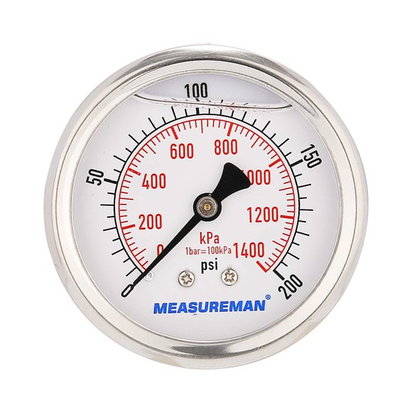 MEASUREMAN-medidor de presión lleno de glicerina, tamaño de esfera de 2-1/2 pulgadas, 0-200psi/kpa, caja de acero inoxidable 304, montaje central trasero de 1/4 pulgadas NPT