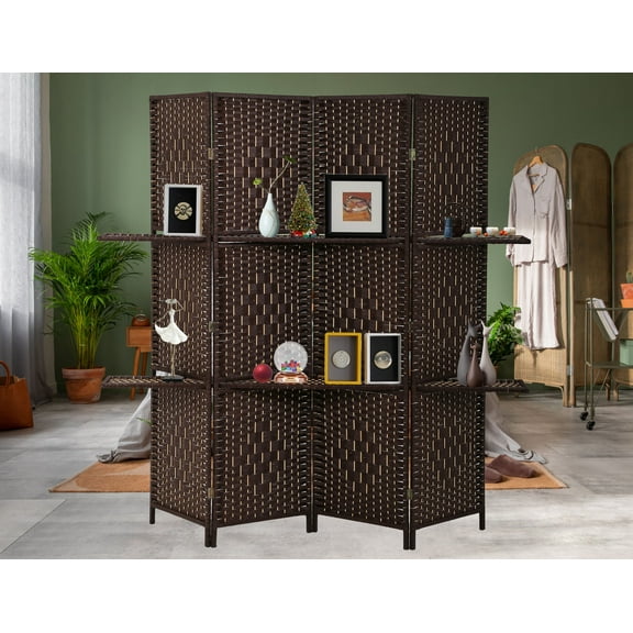 4 Panels Room Dividers with 2 Removable Storage Shelves Folding Portable Partition Screen with Hand-Woven Rattan Design Wood Frame Fiber Privacy Screen with Shelves for Home and Office