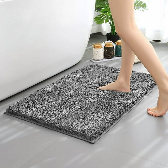 Hitime Soft Chenille Bath Mat Grey 20x30 Quick Dry Machine Washable Bathroom Runner - Ultra Absorbent Non-Slip Backing Bath Rug Mat - Dark Gray