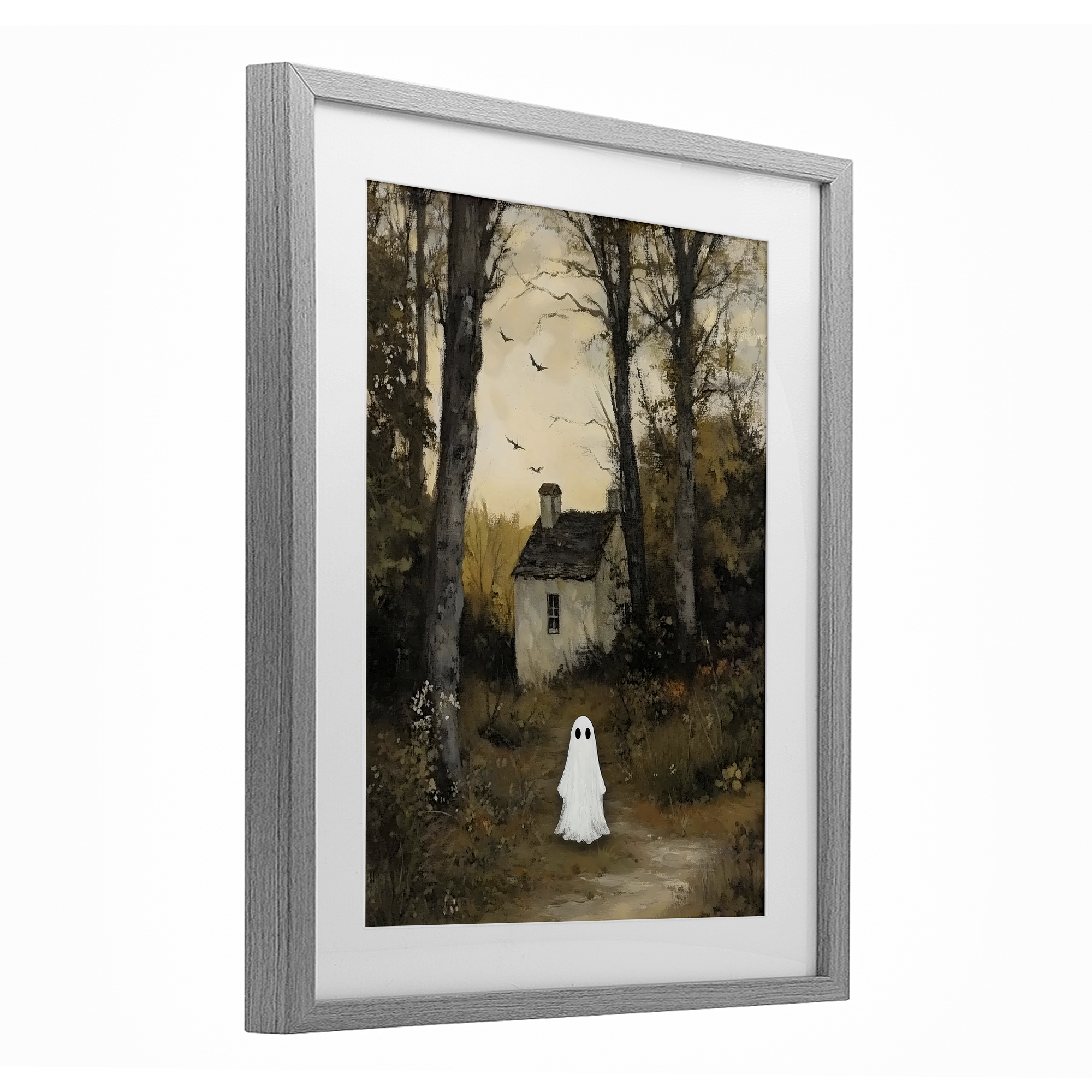 Little Ghost in Cottage Forest Gray Framed Print Under Glass, design by Arlington Prints