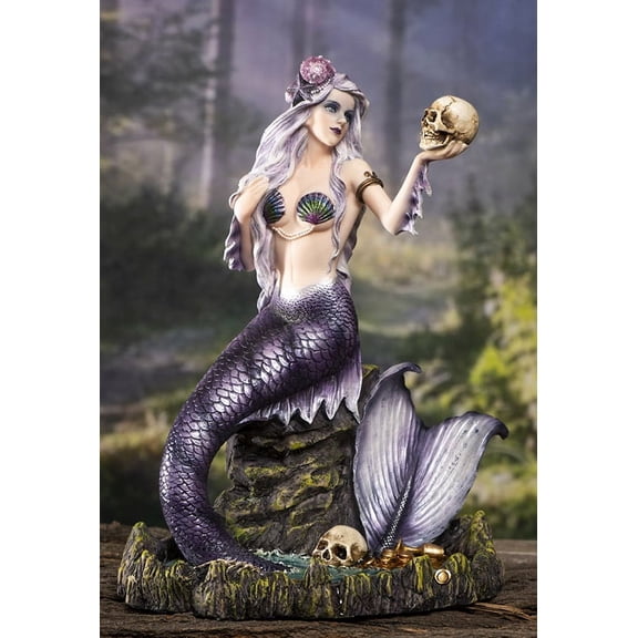 Large Sirens of The Seas Necromancer Gothic Mermaid Holding A Skull Figurine