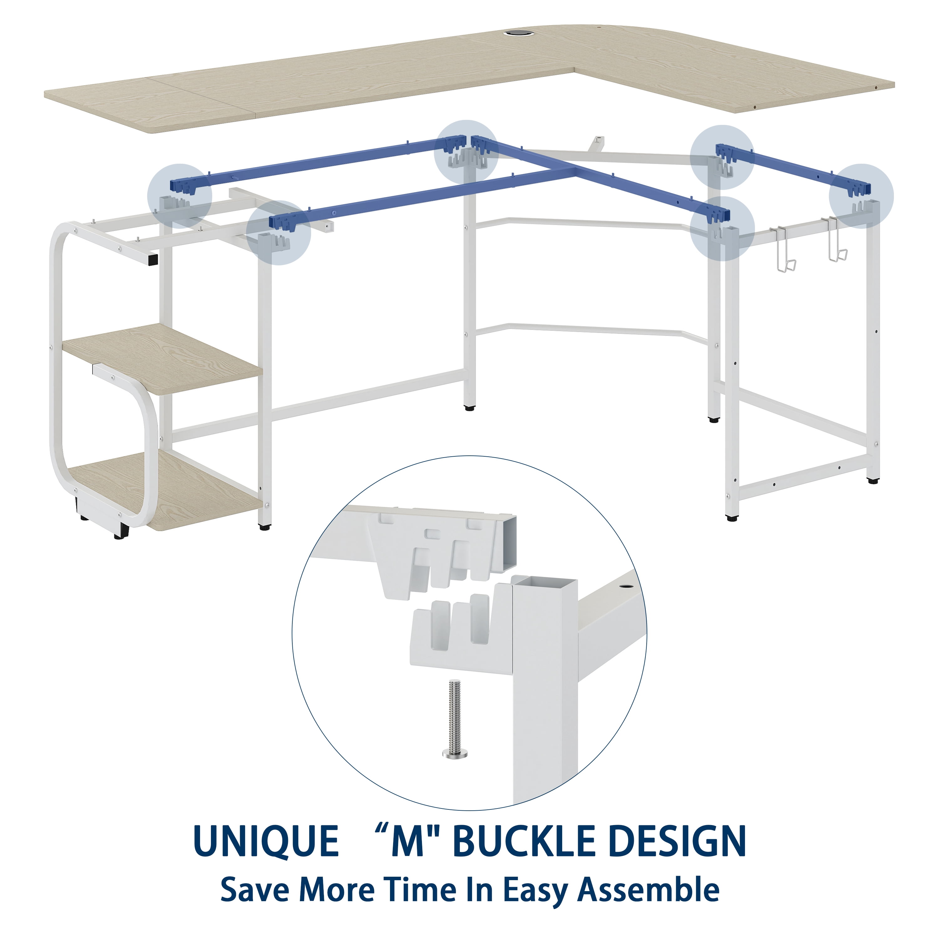GEZEN 70" L Shape Computer Desk with 2-tier Bookshelf Storage, Home Office Corner Computer Table with Hooks, Beige