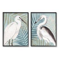 Heron Birds Layered Plant Leaves Animals & Insects Graphic Art Black Framed Art Print Wall Art, Set of 2