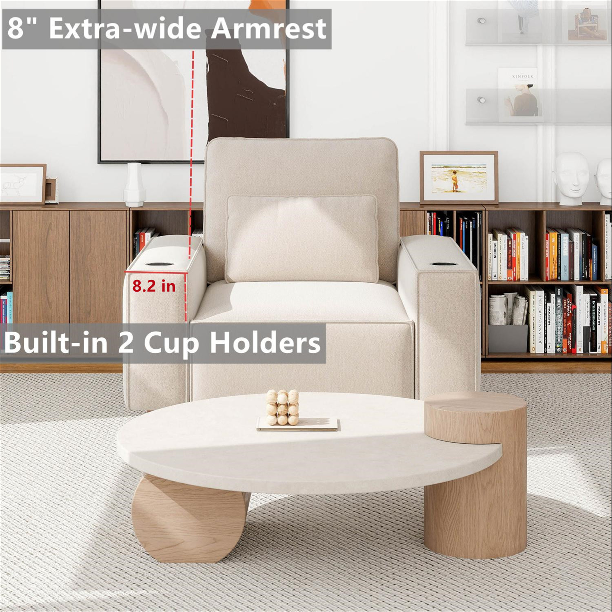 Aukfa 3 Piece Sofa Set - 43.5" Oversized Armchair Couch with Cup Holders&Pillows, Chenille, Beige