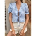 thumbnail image 4 of Women'S Gingham Crop Top Puff Sleeve V-Neck Tie Front Blouse Summer Shirt with Elastic Cuffs Blue S, 4 of 8