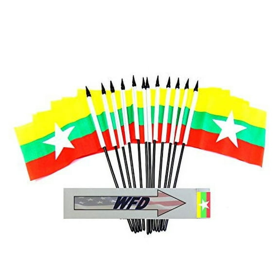 Pack of 12 4"x6" Myanmar (Burma) Polyester Miniature Desk & Little Table Flags, 1 Dozen 4"x 6" Burmese Or Myanmarese Small Mini Hand Waving Stick Flags