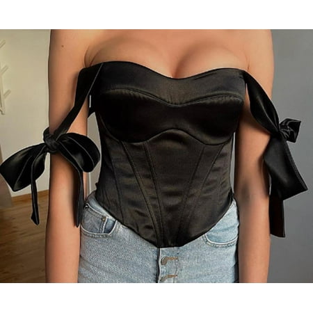 Co.MMehjri Womenacute;s Stain Bustier Tops  Solid Color Bow Tie Strap Sleeveless Boned Corset Tops