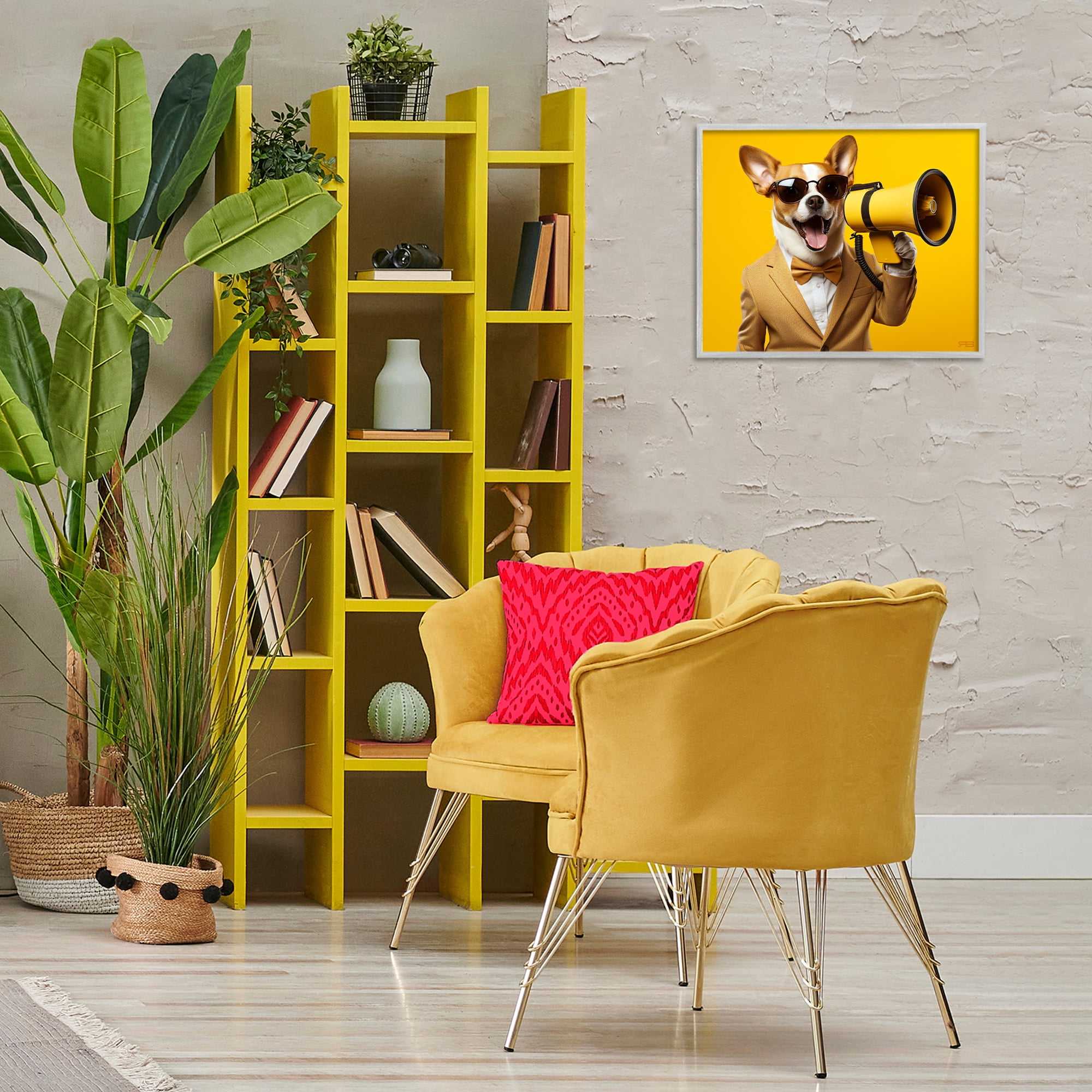 Stupell Industries Dog with Yellow Megaphone Animals & Insects Painting Gray Framed Art Print Wall Art, 20 x 16