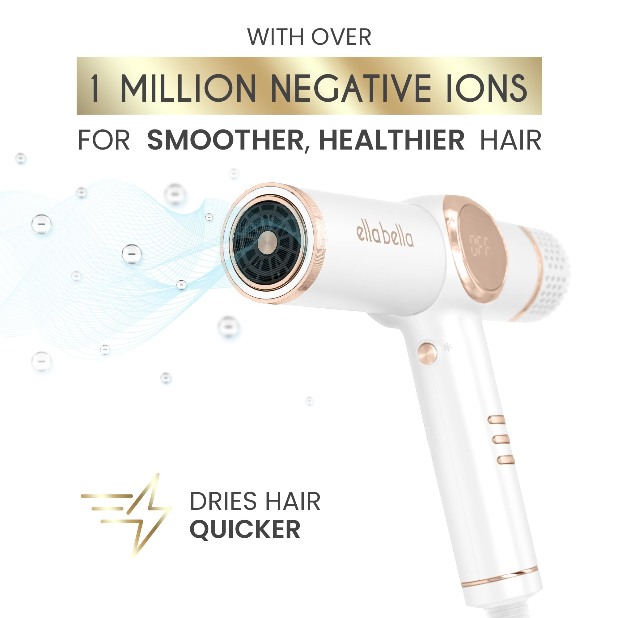 ELLA BELLA® Professional Ionic Hair Dryer with Diffuser, Negative Ion Blow Dryer, Suitable All Hair Types • Intelligent Heat Control & Rapid Drying Speeds • Lightweight Design & Low Noise (White)