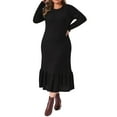 thumbnail image 2 of Agnes Orinda Women's Plus Size Dress Ribbed Knit Crew Neck Long Sleeve Ruffled Hem Casual Winter Mixi Dresses 3X Black, 2 of 6