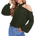 thumbnail image 2 of Jersey de punto con hombros descubiertos y hombros caídos para mujer, manga larga, cuello redondo, suave y suelto, color verde OD XXL, 2 of 5