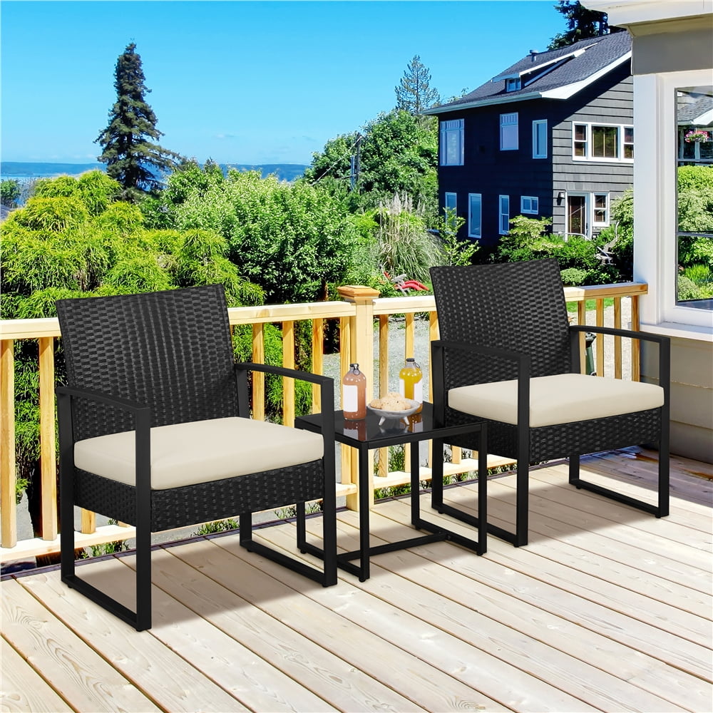 Yaheetech 3-piece Patio Set 2 Rattan Chairs & Table with Cushions, Black/Beige