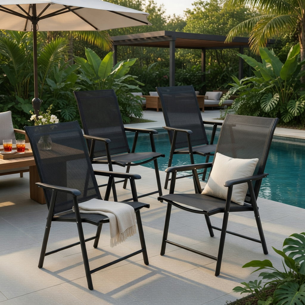Hommoo 4-Pack Foldable Outdoor Patio Chairs, Steel Frame & Textilene Seat, Lightweight Camping Chairs for Backyard, Deck, Picnic, and Tailgating, Gray