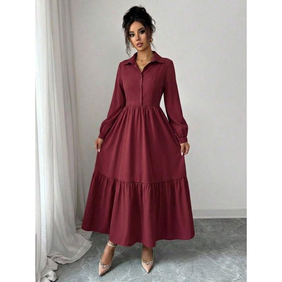 Burgundy Button-Front Shirt Dress Women Long Sleeve Notch Lapel Tiered Ruffle Midi Elegant Casual
