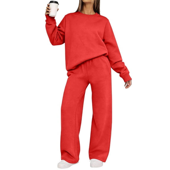 Women Oversized Sweatsuit Set Solid Crew Neck Sweatshirt Wide Leg Pants Set Basic Soft Daily Casual Loungewear Tracksuit Sports Outfit Red S