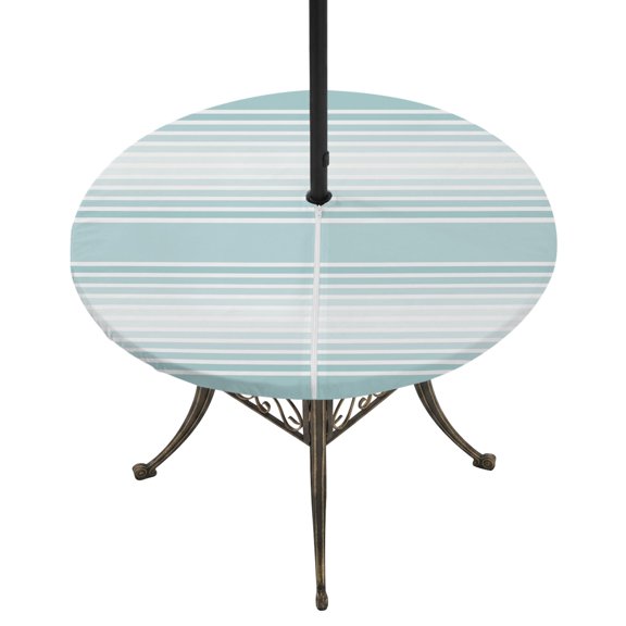 Round Outdoor Tablecloth with Umbrella Hole and Zipper, Aqua Striped Tablecloth with Elastic Waterproof, Teal Ombre Farmhouse Stripes Patio Table Covers for 36" - 44" Picnic Pool Tables
