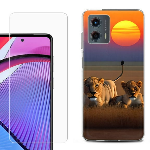 OneToughShield ® Compatible with Motorola Moto G 5G 2023, Shockproof Phone Case, with Tempered Glass Screen Protector - Lion Sunset