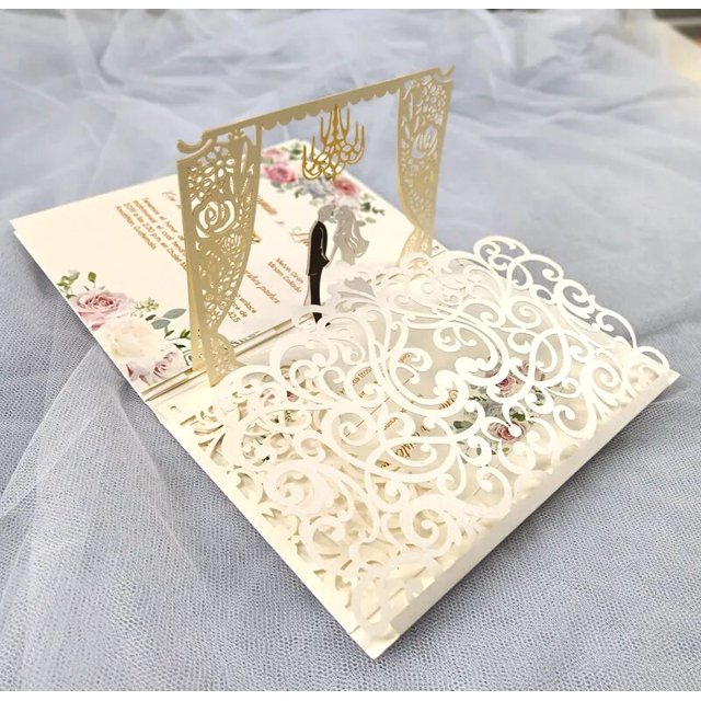 Tarjeta emergente 3D de 3 pliegues, tarjeta de invitación de boda de bolsillo, corte láser, invitación de felicitación con sobre, color dorado y gris, 1 unidad, envío gratis