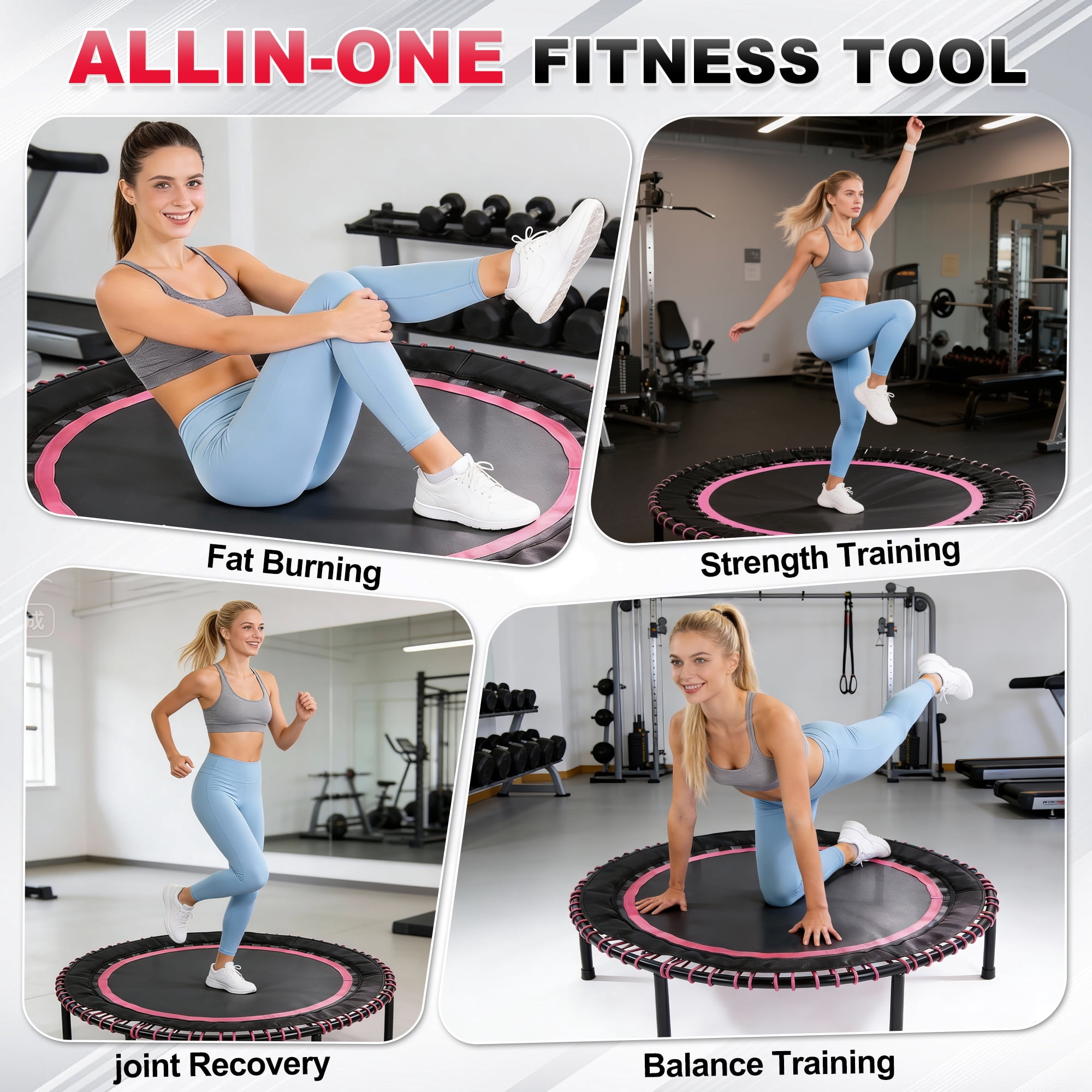 48 Inch Springless Mini Fitness Trampoline, Quiet Safe Exercise Rebounder, 450LBS Capacity Cardio Trainer for Indoor Outdoor Family Workout