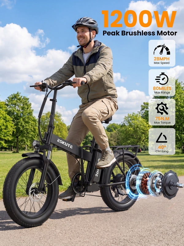 ESKUTE D300 Electric Bike for Adults, Folding Ebike with 1200W Peak Motor 28MPH, 48V 20.8Ah Removable Battery, 20"x4.0" Fat Tires, 80 Miles 7-Speed Gear, NFC Unlock,Black with Phonebag & Lock, UL2849