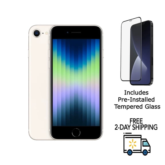 Pre-Owned Apple iPhone SE (3rd Gen) A2595 (Fully Unlocked) 64GB Starlight (Grade C) w/ Pre-Installed Tempered Glass