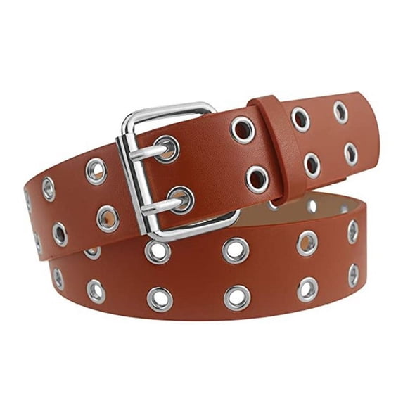 Double Pin Buckle Sweater Overcoat Belts For Women PU Leather Cummerbunds Goth Waistband Punk Waist Belt Adjustable Belts Jeans Girdles BROWN&SILVER 110CM