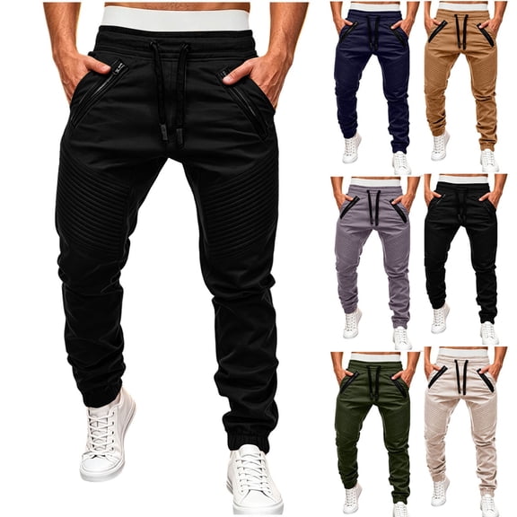 MexChoioe Mens Jogger Pants Elastic Drawstring Waist Ribbed Knee Zipper Pockets Casual Trousers