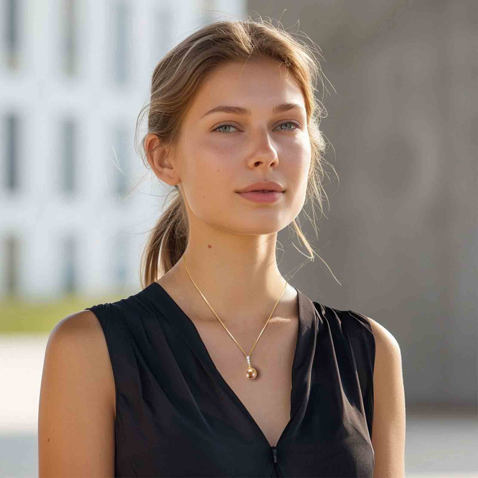 Yami 11-12mm Golden Pearl Pendant Necklace Saltwater Cultured Round Pearls in 925 Sterling Silver, 18+2in Adjustable Length Mother' Day Gift for Her