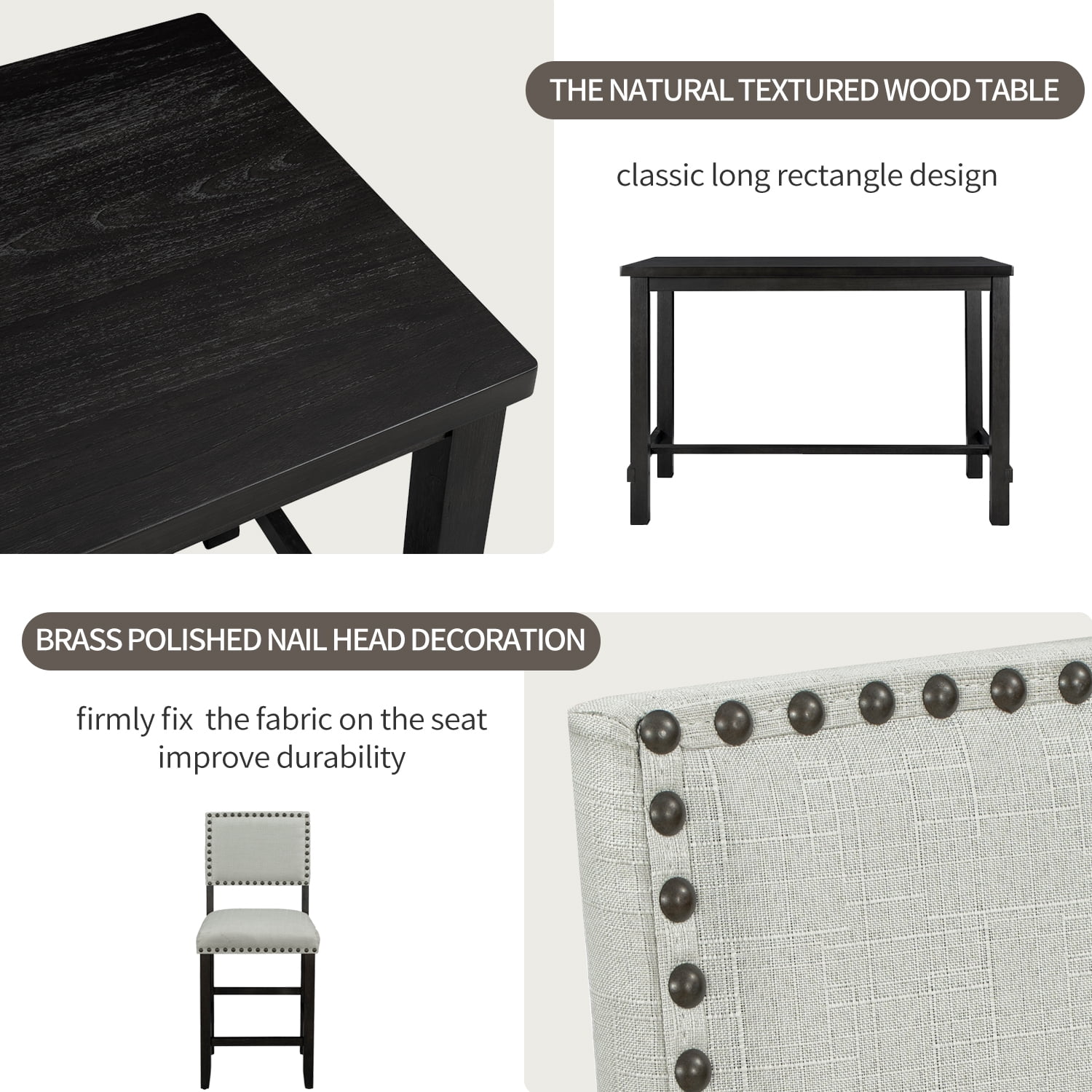 Euroco Counter Height 5-Piece Dining Table Set 4 Cushioned Chairs Espresso and Beige