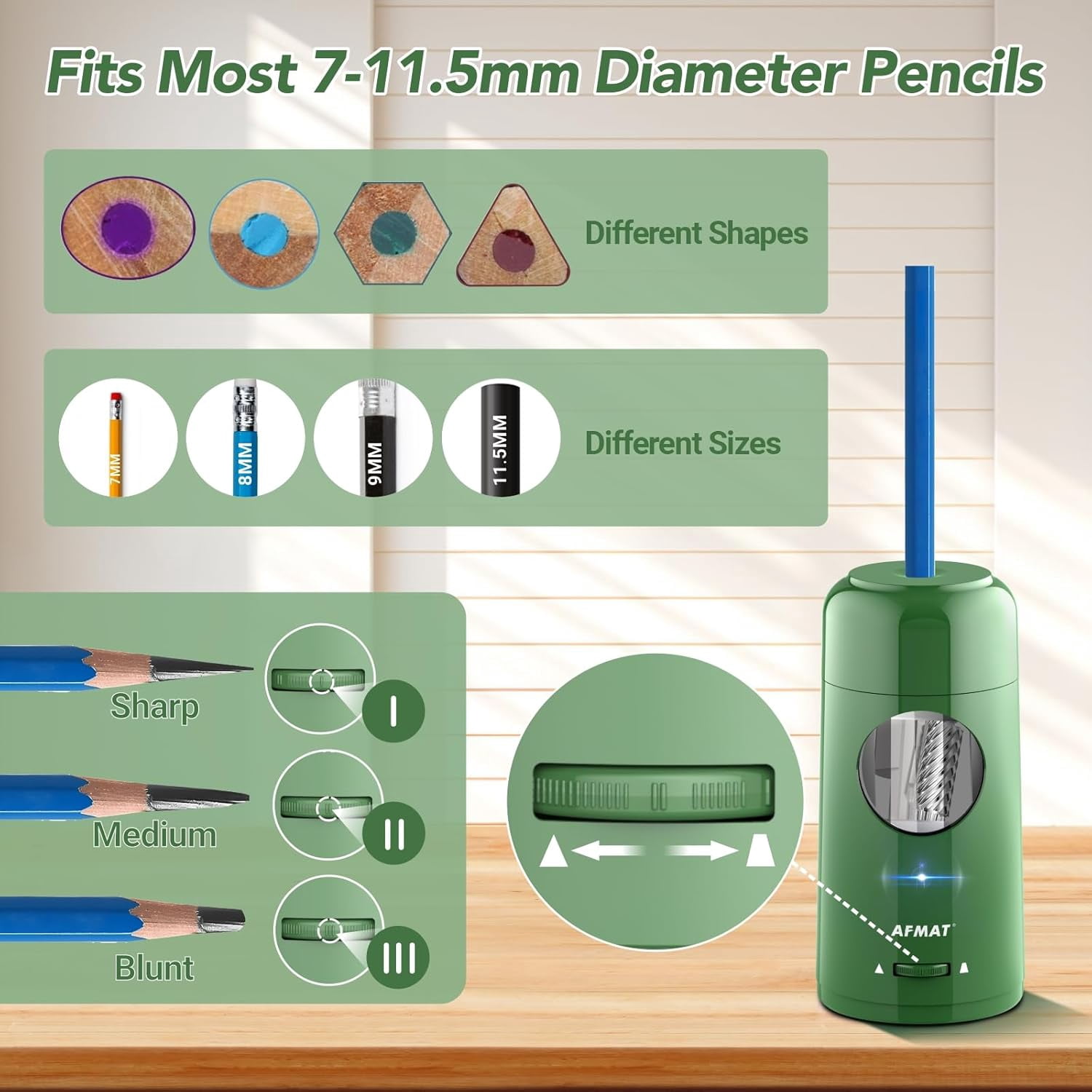AFMAT Electric Pencil Sharpener, Rechargeable Fully Automatic Pencil Sharpener for Jumbo & Colored Pencils (7-11.5mm), Auto in/Out, Hands-Free, Portable for Home/Classroom/Office,Green