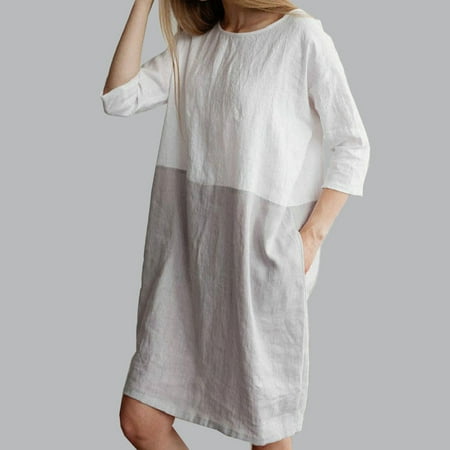 Linen Peasant Dress Baggy Womens Casual Short Sleeve Dresses Cotton Linen Ladies Tunic Tops Dress Grey Size S ()