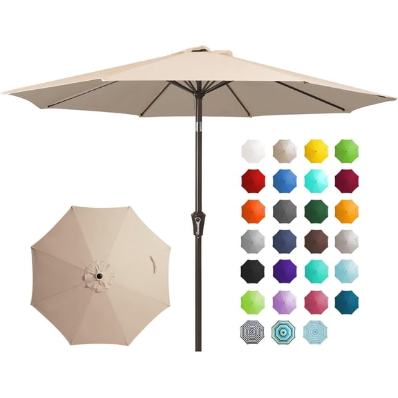 9FT Outdoor Patio Umbrella Table with Push Button Tilt and Crank, Market 8 Sturdy Ribs UV Protection Waterproof for Garden, Deck, Backyard, Pool (Beige)