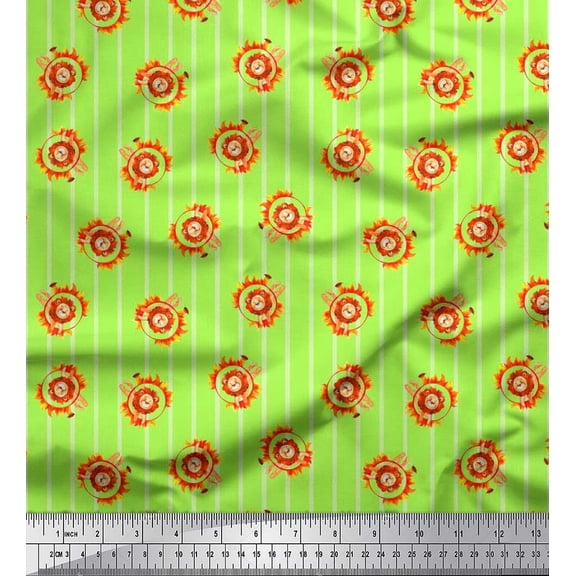 Soimoi Green Velvet Fabric Stripe,Fire Ring & Lion Cartoon Printed Fabric 1 Yard 58 Inch Wide