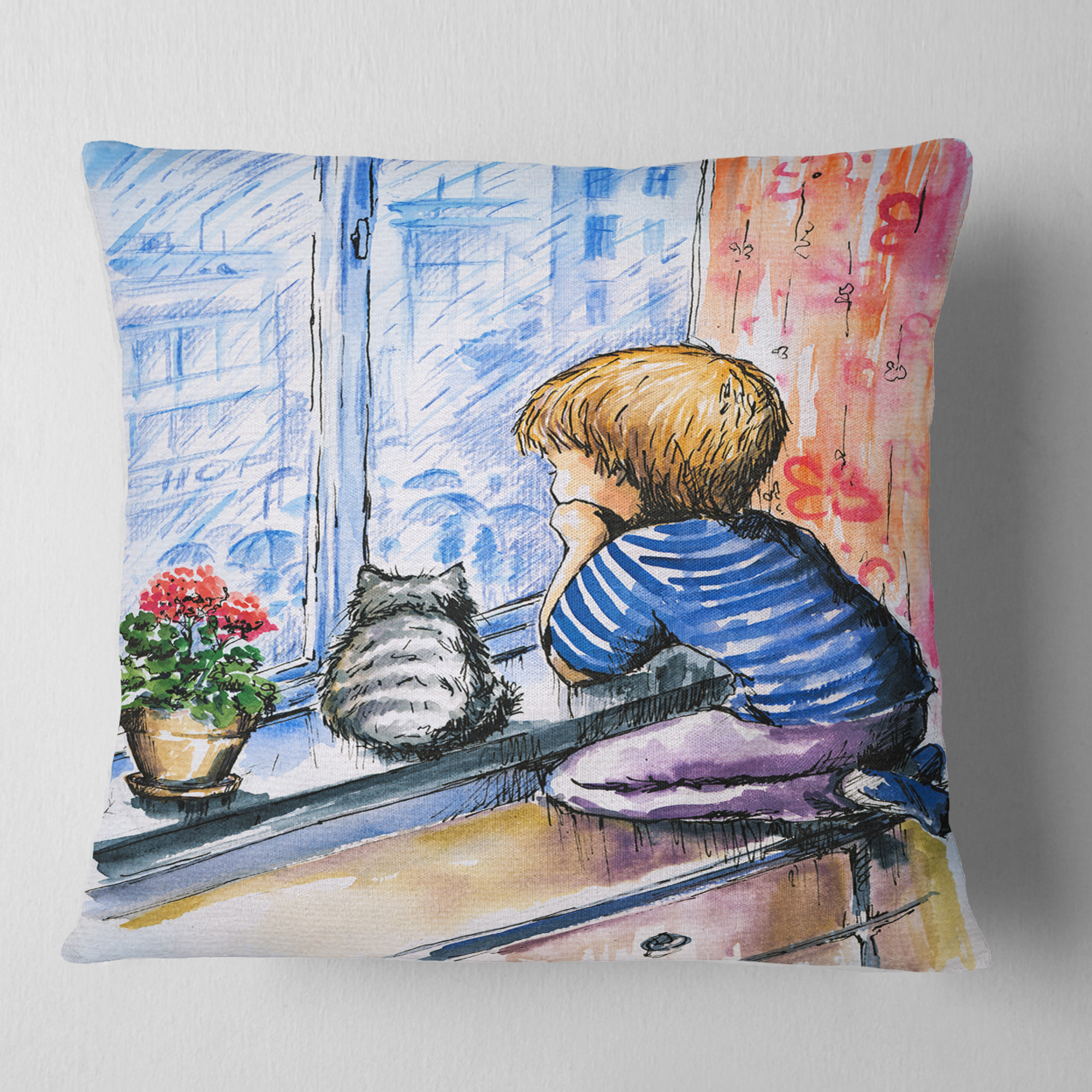 Designart Little Boy and Cat Watching City - Modern Portrait Throw Pillow - 18x18