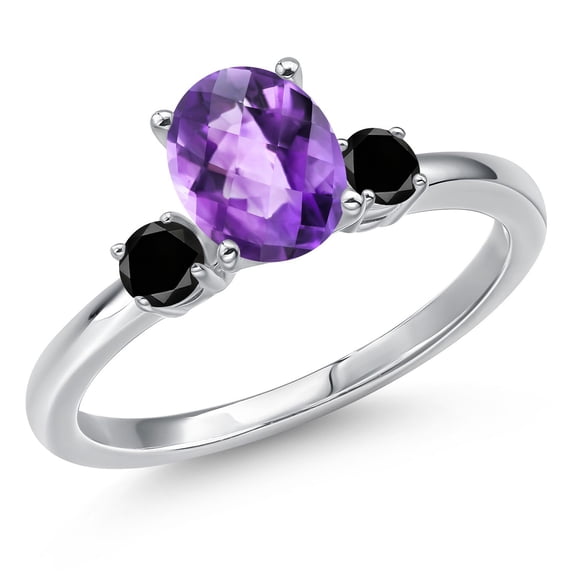 Gem Stone King 14K White Gold Purple Amethyst and Black Diamond Engagement Ring for Women | 1.40 Cttw | Oval Checkerboard 8X6MM | Gemstone February Birthstone | Size 5