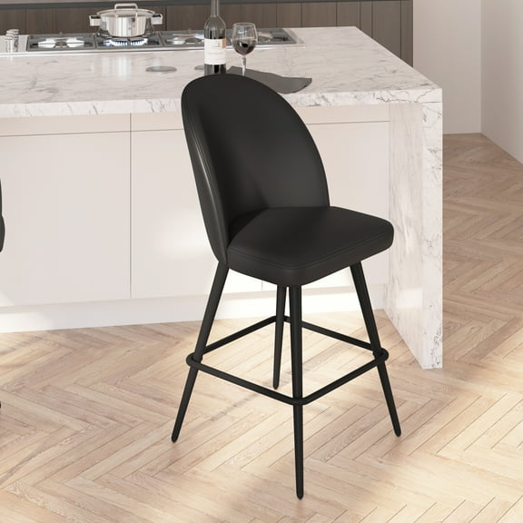Merrick Lane Set of 2 Modern Armless Counter Stools with Contoured Backs, Steel Frames, and Integrated Footrests in Black Faux Leather