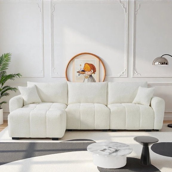 Wiilayok Chenille Modular Cloud Sofa,110" L Shaped Deep Seat Sofa Couch with Movable Ottoman,4 Seater Sectional Sofa for Living Room,Bedroom, Apartment,Beige
