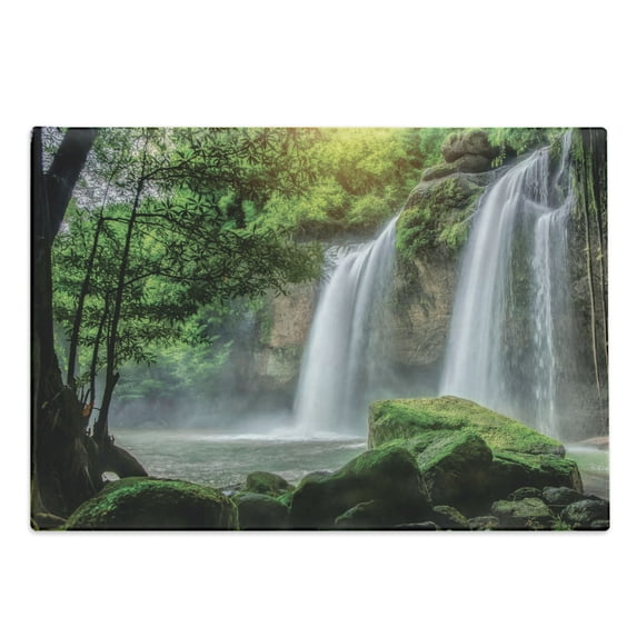 Waterfall Cutting Board, Cascade Stream in Exotic North National Park Paradise Nature Surreal Print, Decorative Tempered Glass Cutting and Serving Board, Large Size, White Green, by Ambesonne