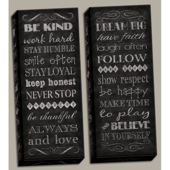 Lovely Black and White Chalkboard-Style Typography Rules for Life- Two 8x20in Hand-Stretched Canvases