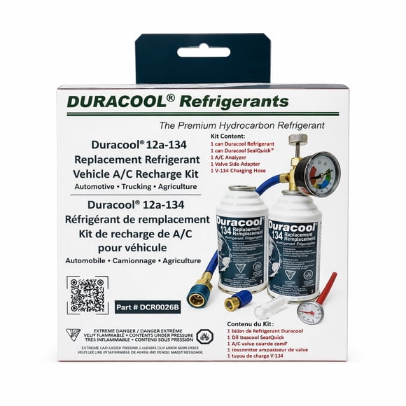 Duracool 12a Super Refrigerant Recharge Kit, for R-134a mobile air-conditioning AC Systems which contains 2 Cans Refrigerant, Charging Hose with Pressure Gauge & Quick Connect, Vent Thermometer