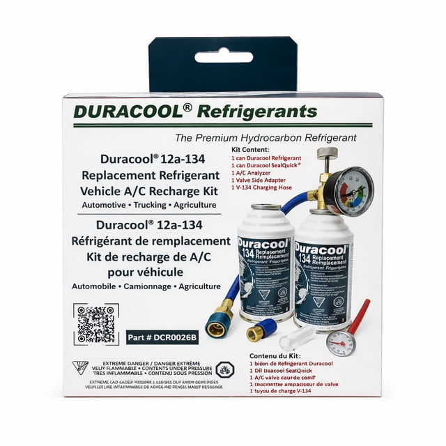 Duracool 12a Super Refrigerant Recharge Kit, for R-134a mobile air-conditioning AC Systems which contains 2 Cans Refrigerant, Charging Hose with Pressure Gauge & Quick Connect, Vent Thermometer