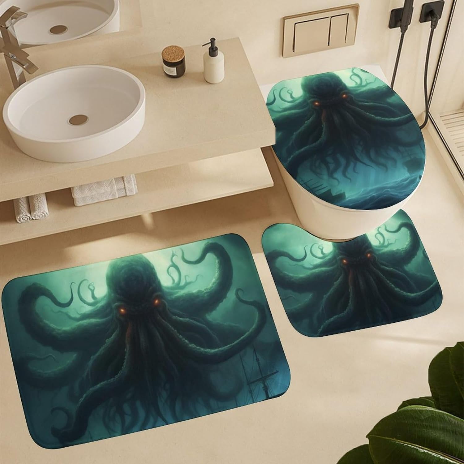 Dead Cthulhu Waits Dreaming 4 Pcs Bathroom Shower Curtain Set,Bathroom Sets with Rugs (Bath Mat,U Shape and Toilet Lid Cover Mat), Bathroom Decor Set