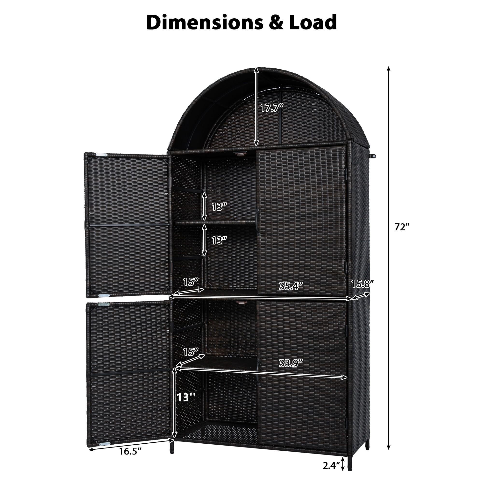 AENKYO 72" Arched Wicker Outdoor Storage Cabinet, Vertical Poolside Towel Holder & Rattan Garden Shed, Black & Brown