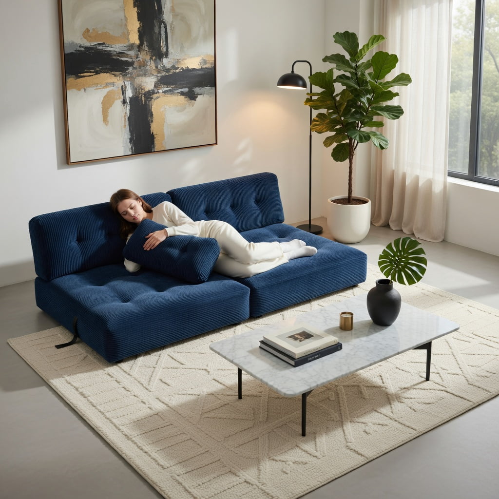 Hommoo Convertible Corduroy Folding Sofa Bed, 3-in-1 Living Room Sleeper with Back Support & Pillow, Navy Blue