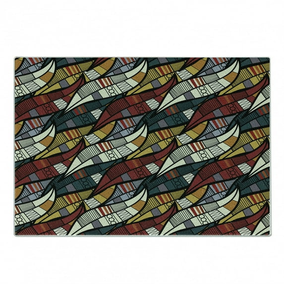 African Cutting Board, Diagonal Abstract Leaves with Circles Chevrons Lines Traditional Cultural Heritage, Decorative Tempered Glass Cutting and Serving Board, Small Size, Multicolor, by Ambesonne