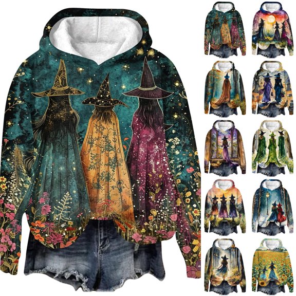 OIOLOYJM Halloween Hoodies for Women Happy Colorful Witch Graphic Long Sleeve Loose Fit Party Sweatshirt Fall Winter Outdoor Fashion Warm Comfortable Hooded Shirt Multicolor L