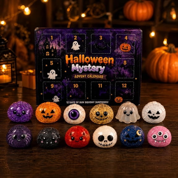 Halloween Mystery Dumpling Squishy, 12 Pack Halloween Advent Calendar Glitter Slow Rise Dumpling Stress Balls, Squeeze Fidget Toy Mystery Box Party Supplies A1